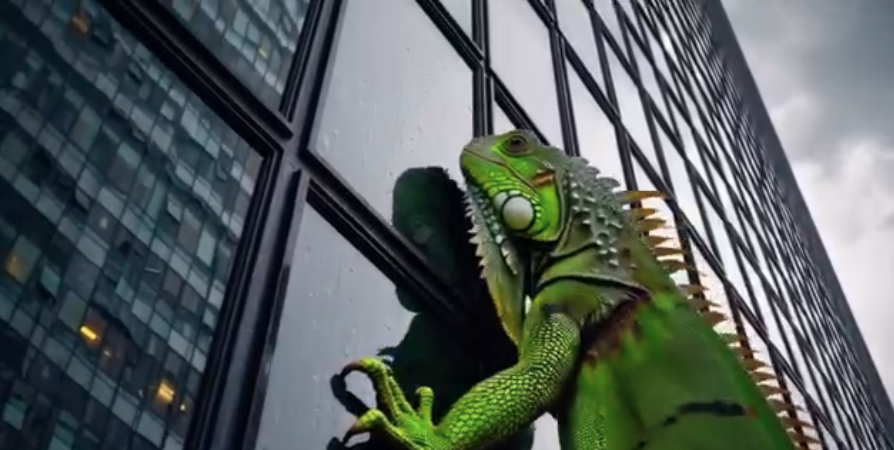 Persistence in progress—every creative climb starts from the ground up. Bright green iguana climbing up the glass exterior of a modern office building.